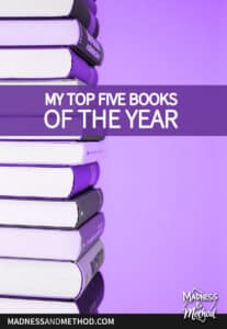 my top five books graphic with stack of books