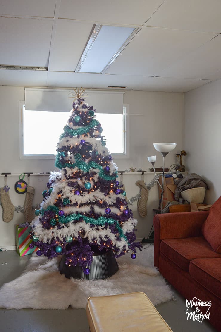 christmas tree setup in basement