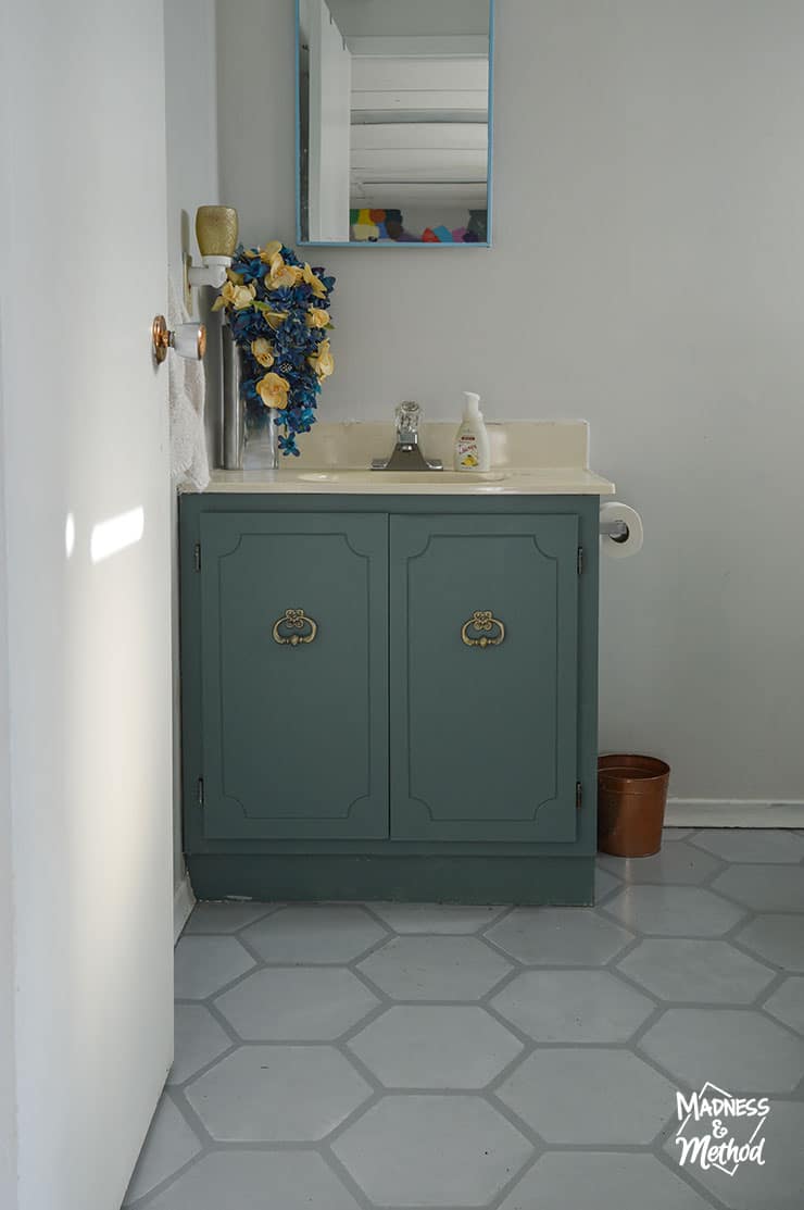 gray floor bathroom teal vanity