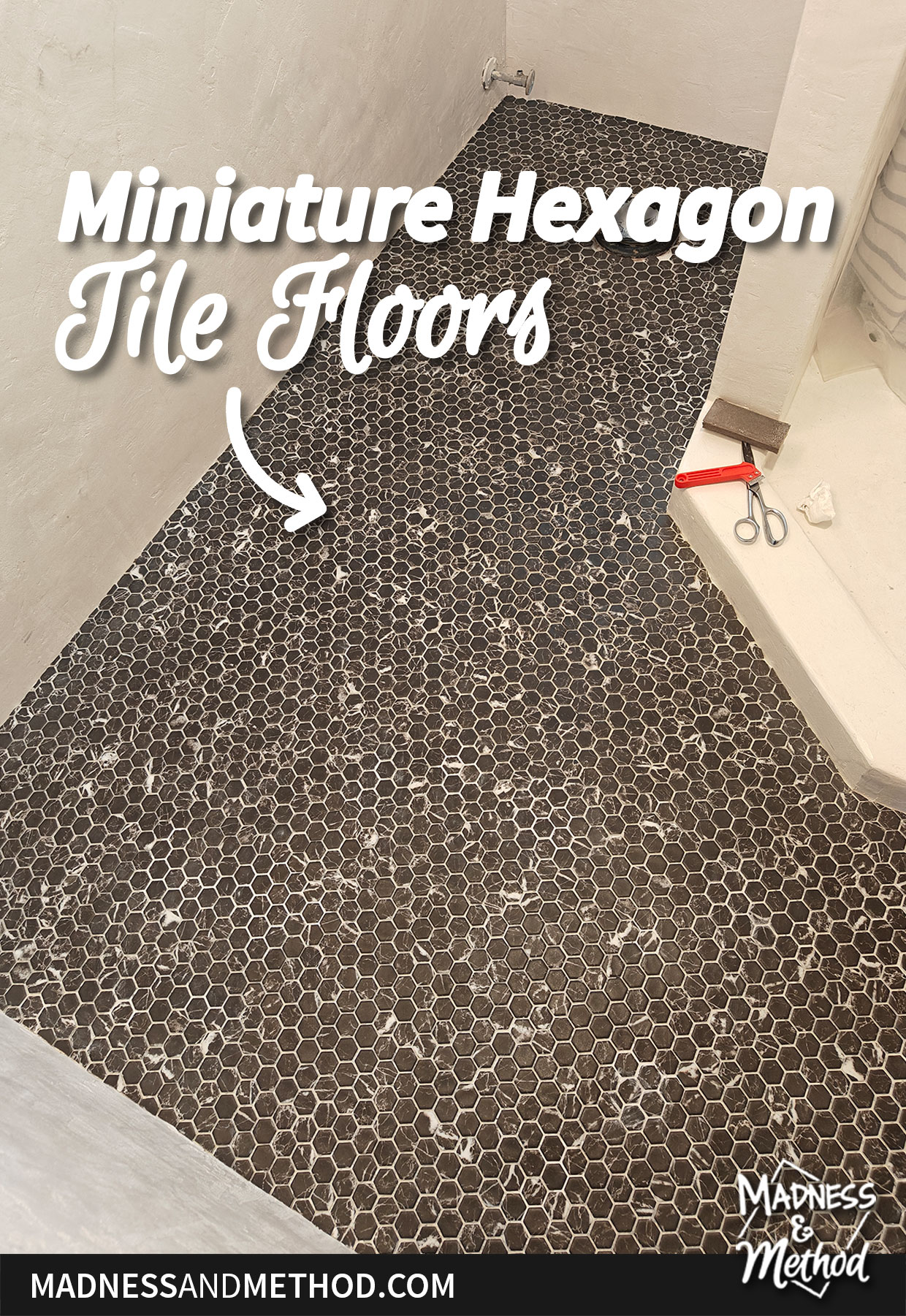 black mini hex tile floors